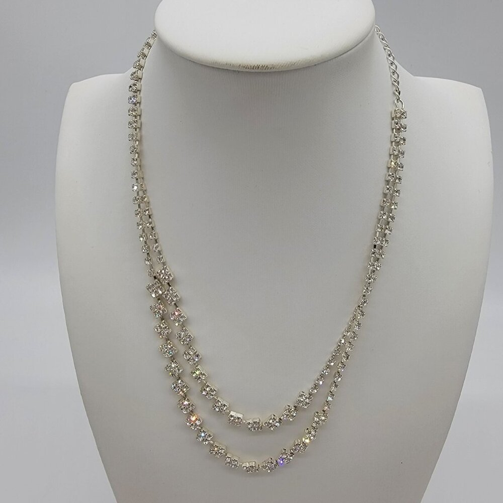 Double Strand Clear Rhinestone Silver Tone Metal Necklace Vintage Elegant Bling